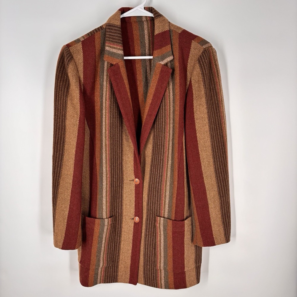 VTG Finity Womens Sz 8 Wool Blazer Striped Twee 70s Boho Academia Autumnal